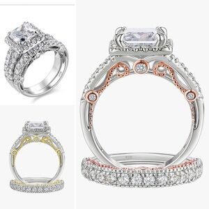 NWT-4Ct Halo Princess Cut  Sterling Silver CZ Bridal Set